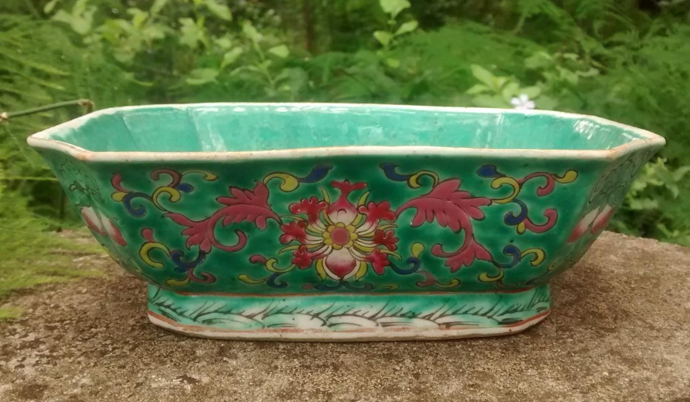 Chinese Footed Dish Turquoise Incised Flowers Character Seal Mark 5.25