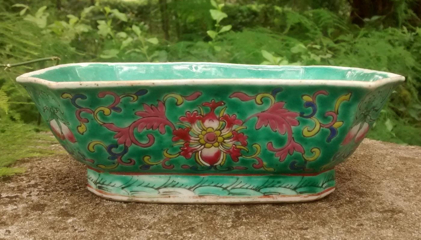 Chinese Footed Dish Turquoise Incised Flowers Character Seal Mark 5.25