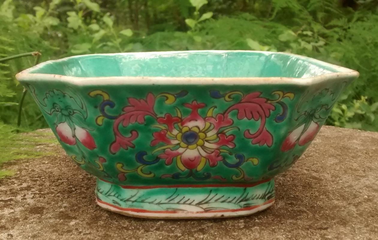 Chinese Footed Dish Turquoise Incised Flowers Character Seal Mark 5.25