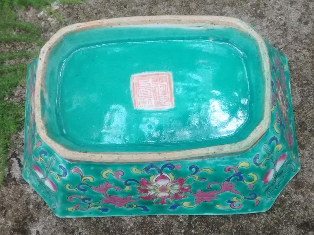 Chinese Footed Dish Turquoise Incised Flowers Character Seal Mark 5.25