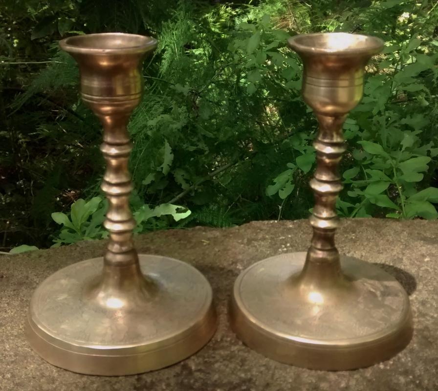 Chinese Brass Candlestick Pair Engraved Florals Ca. 1940 5