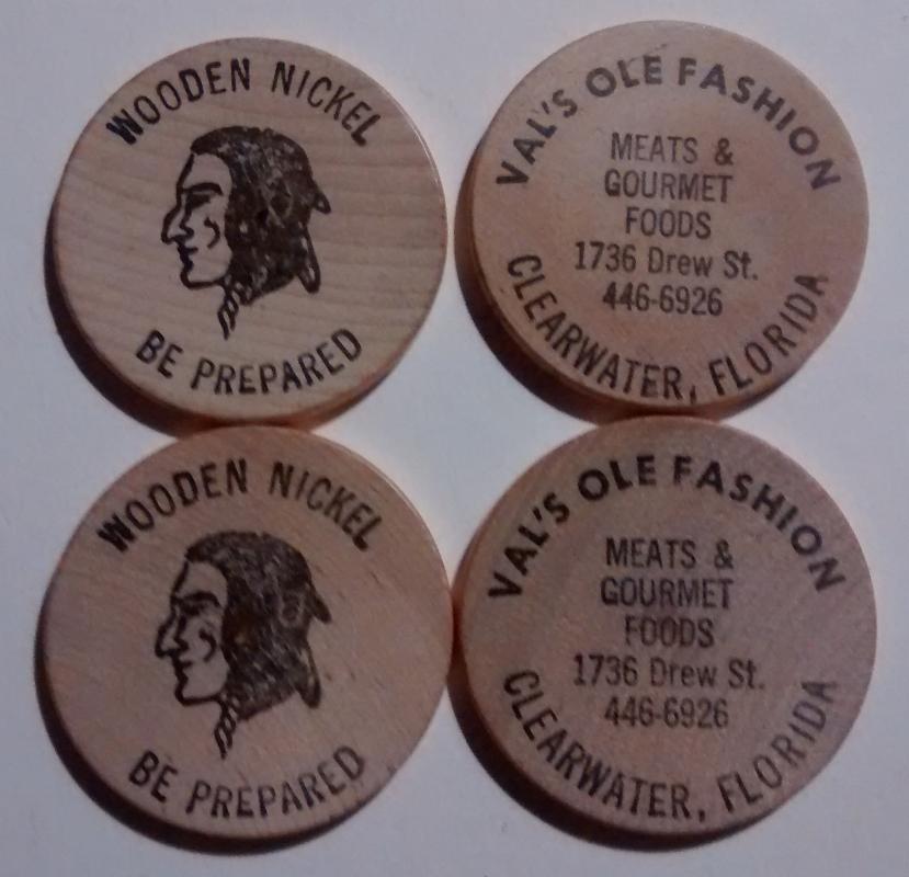 Val's Ole Fashion Meats Clearwater Florida Wooden Nickel Set/4