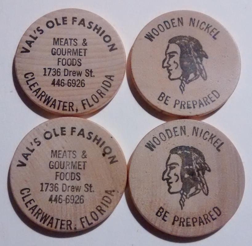 Val's Ole Fashion Meats Clearwater Florida Wooden Nickel Set/4