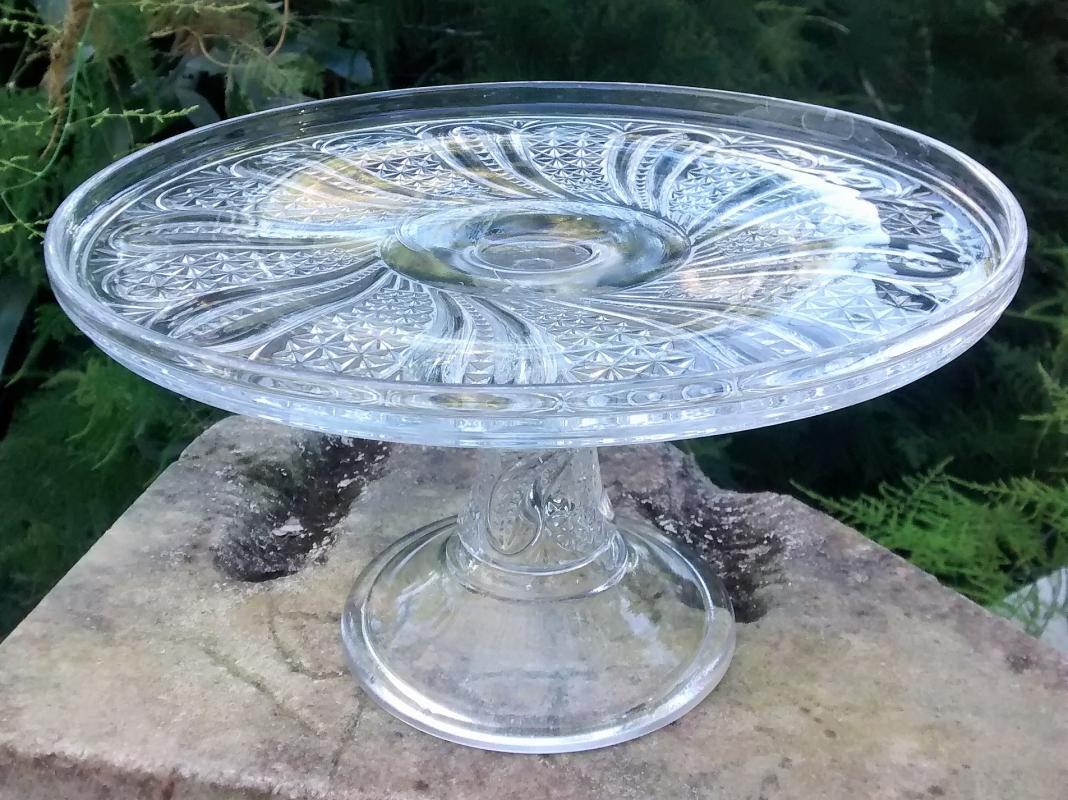 McKee Feather Cake Stand Ca. 1900 Clear Early American Pressed Glass