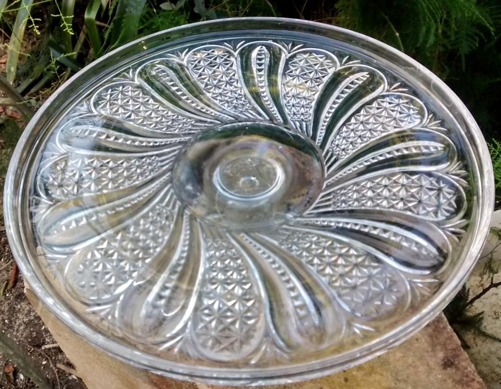 McKee Feather Cake Stand Ca. 1900 Clear Early American Pressed Glass