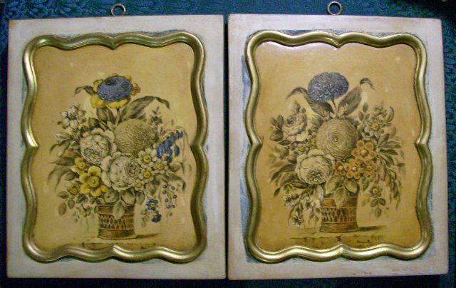 Borghese of Italy Art Plaque Pair Botanicals Ca. 1940 Wood/Gesso 10