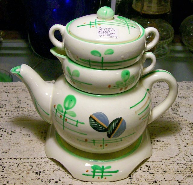 Art Deco Ceramic Stacking 5-Piece Teaset 1930's Japan Cream/Green