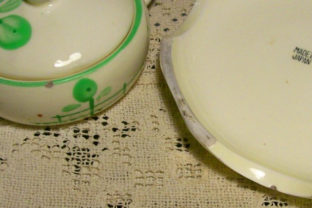 Art Deco Ceramic Stacking 5-Piece Teaset 1930's Japan Cream/Green