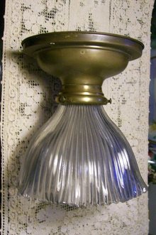 Antique Brass Ceiling Light Fixture with Clear Glass Holophane Shade Ca. 1911