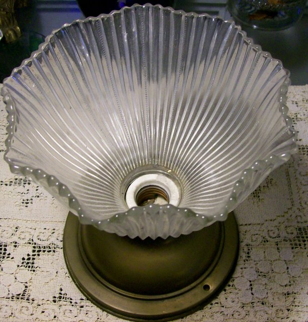Antique Brass Ceiling Light Fixture with Clear Glass Holophane Shade Ca. 1911