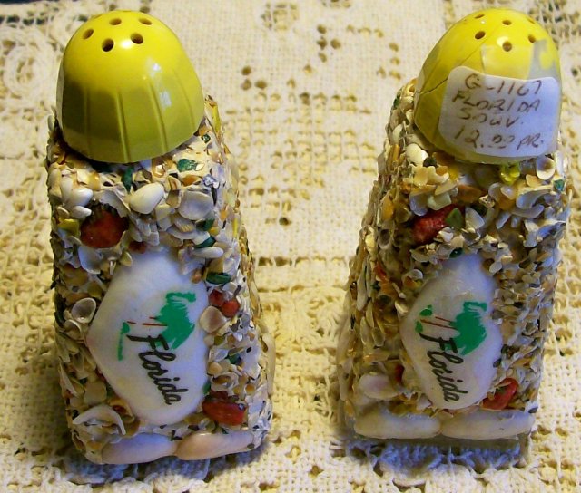 Florida Souvenir Salt & Pepper Shakers Shell Encrusted Glass 1960's