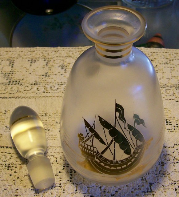 Bohemian Crystal Decanter with Stopper: Golden Galleon
