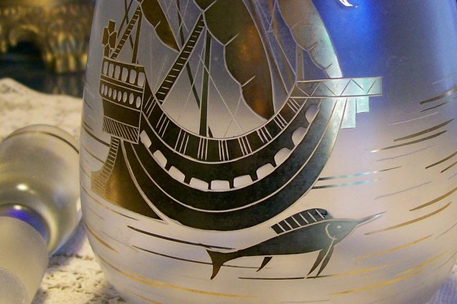 Bohemian Crystal Decanter with Stopper: Golden Galleon