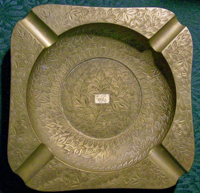 East Indian Brass Ashtray with Hand-Engraved Florals: Early 1900's