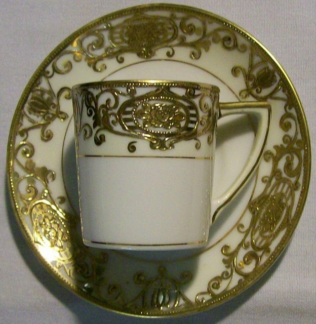 Noritake Christmas Ball #175 White & Gold Encrusted Demitasse Cup & Saucer 16034