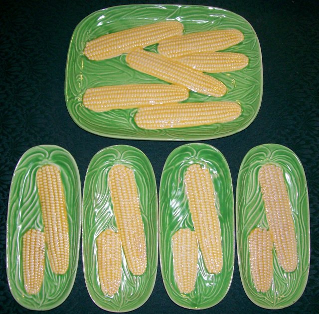 Majolica Ceramic Corn Platter/ Plate Set Ca. 1950's Japan Green & Yellow