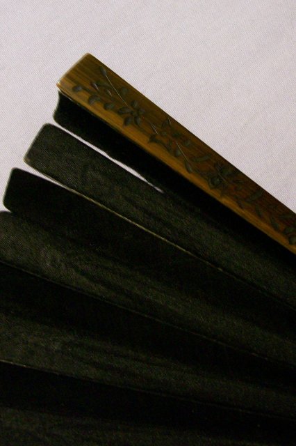 Handheld Fan: Carved Bamboo & Black Silk