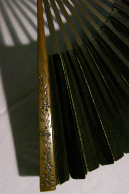 Handheld Fan: Carved Bamboo & Black Silk