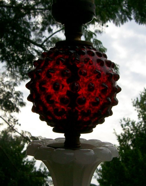 Lamp: Cranberry Hobnail & Milk Glass