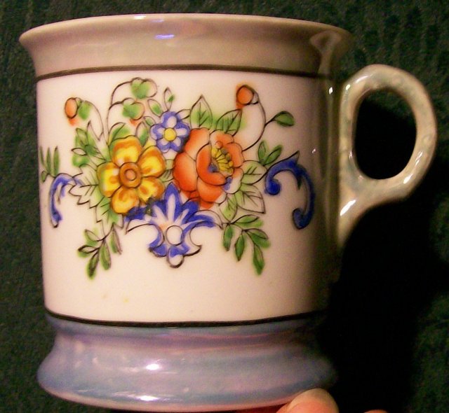 Ceramic Shaving Mug Early 1900's Blue/Green Luster & Floral 3.75