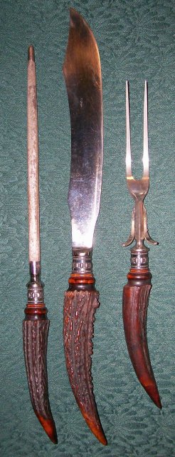 Antique Stag Horn & Sterling Silver Carving Set Meriden Cutlery 1890s