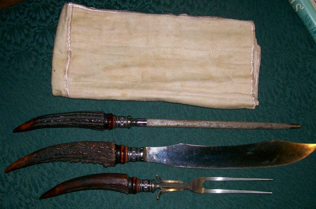 Antique Stag Horn & Sterling Silver Carving Set Meriden Cutlery 1890s