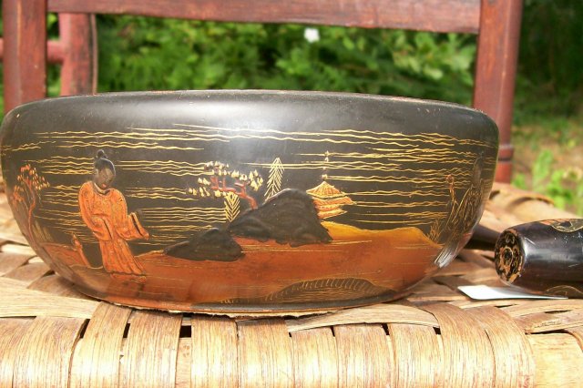 Japanese Lacquer Ware Wooden Nut Bowl with Mallet Early 1900's