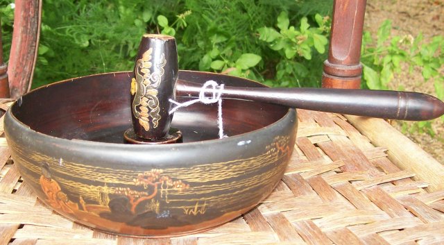 Japanese Lacquer Ware Wooden Nut Bowl with Mallet Early 1900's
