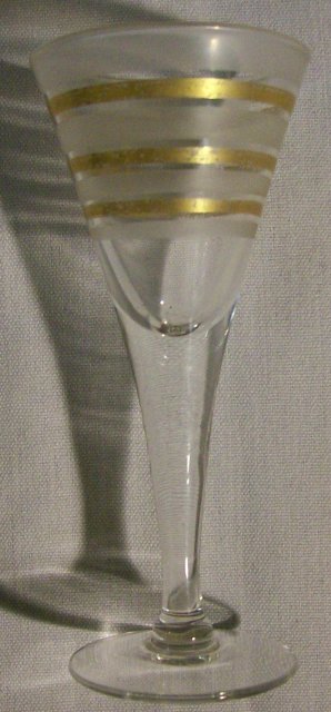 West Virginia Specialty Glass Cordial Set/5 Gold & Frosted Bands Mid-Century