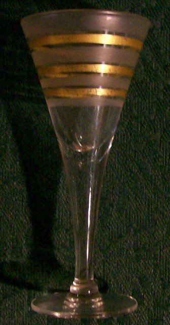 West Virginia Specialty Glass Cordial Set/5 Gold & Frosted Bands Mid-Century