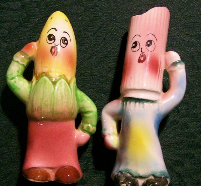 Anthropomorphic Salt & Pepper Shakers: Corn & Rhubarb