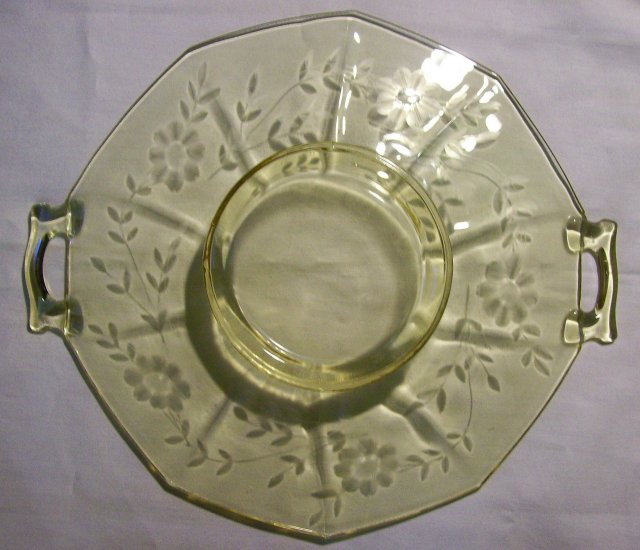 Topaz Yellow Depression Glass Two-Handled Server: Cut Floral Decagon