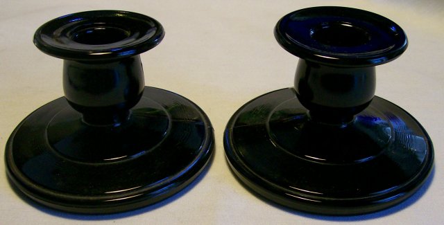 Paden City Black Amethyst Glass Candlestick Pair