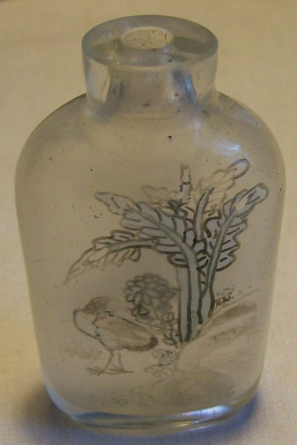Antique Chinese Reverse Painted Glass Snuff Bottle Bird with Rocks/Vases