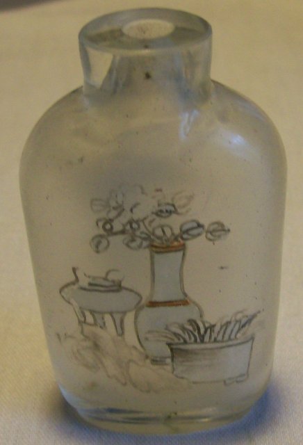 Antique Chinese Reverse Painted Glass Snuff Bottle Bird with Rocks/Vases