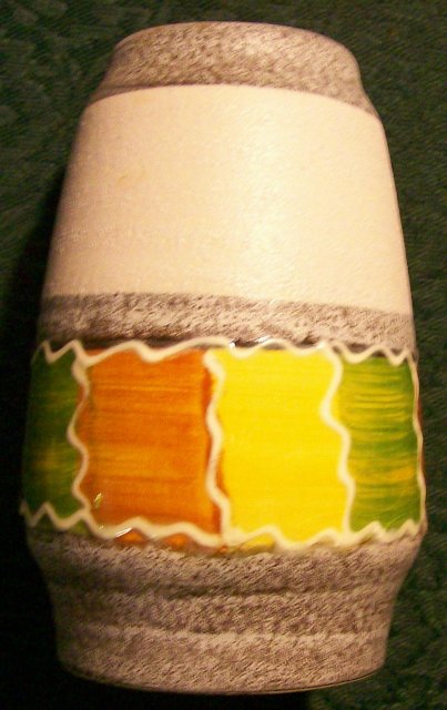 West German Ceramic Vase #557-14 Green/Yel/Or Blocks
