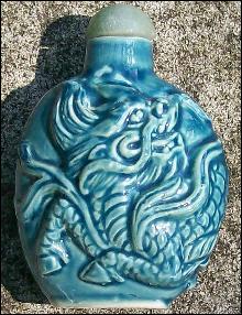 Turquoise Blue Porcelain Snuff Bottle Dragon in Relief Ca. 1900 Jade Stopper