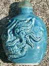 Turquoise Blue Porcelain Snuff Bottle Dragon in Relief Ca. 1900 Jade Stopper