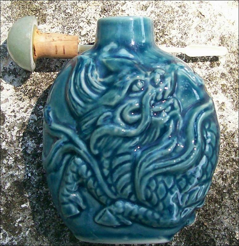 Turquoise Blue Porcelain Snuff Bottle Dragon in Relief Ca. 1900 Jade Stopper