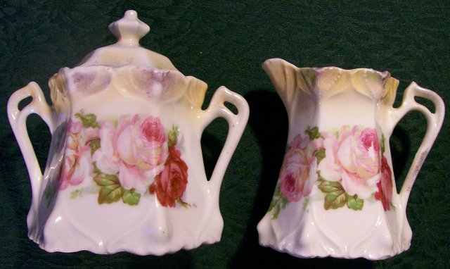 German Art Nouveau Ceramic Cream & Sugar Set: Late 1800's Roses