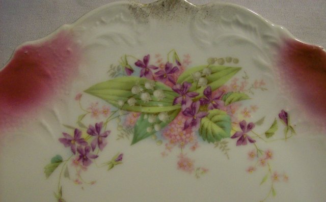 Antique Cake Plate with Lily-of-the-valley/Violet: Cut-out Handles