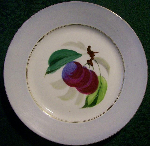 Limoges Delinieres Porcelain Plate: Hand-painted Plums/ Gray Border 1870's