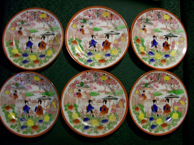 Nippon Geisha Girl Porcelain Plate Set of 6 Parasol C Red Border