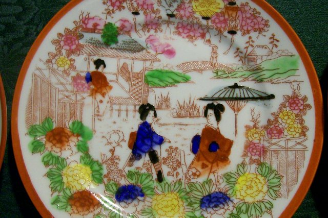 Nippon Geisha Girl Porcelain Plate Set of 6 Parasol C Red Border