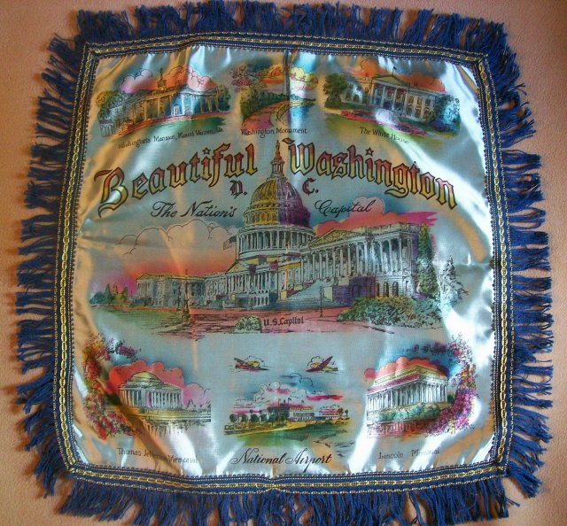 Travel Souvenir Satin Pillow Cover Washington D.C. 1940's-50's