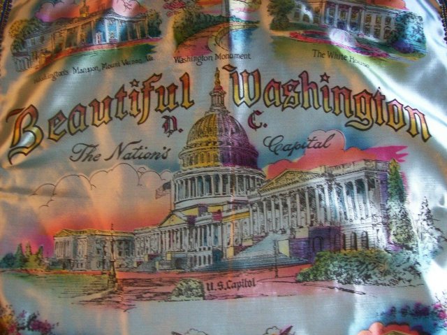 Travel Souvenir Satin Pillow Cover Washington D.C. 1940's-50's