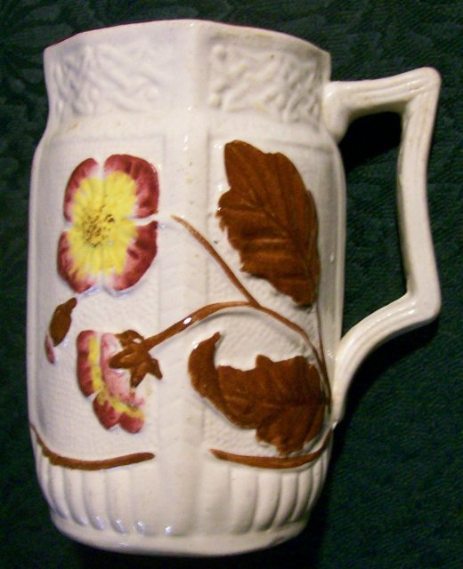 English Majolica Ceramic Pitcher 1886 Flower & Leaf 4 7/8