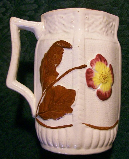 English Majolica Ceramic Pitcher 1886 Flower & Leaf 4 7/8