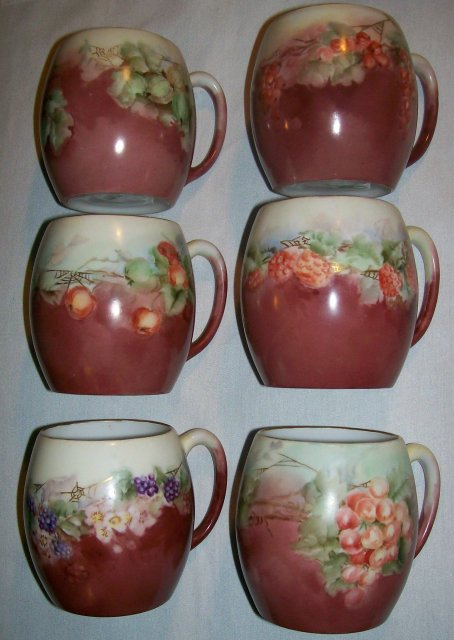 T&V Limoges Porcelain Mug Set: Six Different Hand-Painted Fruit Designs