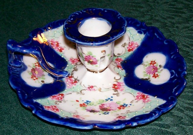 Nippon/Japan Chamberstick Hand-Painted Flowers/Cobalt/Gold 1890s-1930s